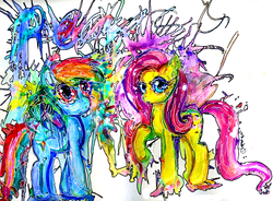 Size: 1098x808 | Tagged: safe, artist:wendysakana, fluttershy, rainbow dash, g4, psychedelic, traditional art, watercolor painting