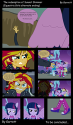 Size: 2505x4285 | Tagged: dead source, safe, artist:garretthegarret, applejack, fluttershy, pinkie pie, rainbow dash, rarity, sunset shimmer, twilight sparkle, comic:the redemption of sunset shimmer (equestria girls alternate ending), equestria girls, g4, my little pony equestria girls, alternate ending, bare shoulders, boots, comic, fall formal outfits, high heel boots, mane six, pointing, ponied up, sleeveless, strapless, twilight sparkle (alicorn)