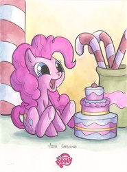 Size: 643x867 | Tagged: safe, artist:agnesgarbowska, pinkie pie, g4, cake, candy, candy cane, female, food, solo