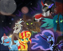 Size: 731x594 | Tagged: safe, artist:schnuffitrunks, discord, king sombra, nightmare moon, queen chrysalis, sunset shimmer, trixie, pony, timber wolf, unicorn, g4, alicorn amulet, antagonist, glowing eyes, grin, smiling