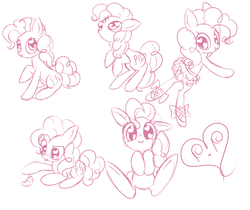 Size: 1000x840 | Tagged: safe, artist:ipun, pinkie pie, caterpillar, g4, clothes, cute, dancing, heart, heart eyes, monochrome, simple background, sketch dump, skirt, tutu, white background, wingding eyes