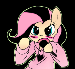 Size: 1085x1000 | Tagged: safe, artist:apony, fluttershy, g4, alternate hairstyle, clothes, emoshy, female, hoodie, microphone, solo