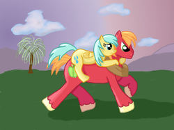 Size: 900x672 | Tagged: safe, artist:phasingirl, big macintosh, sunshower raindrops, earth pony, pony, g4, male, ponies riding ponies, riding, running, stallion