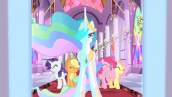 Size: 853x480 | Tagged: safe, screencap, applejack, fluttershy, pinkie pie, princess celestia, rarity, g4, the return of harmony