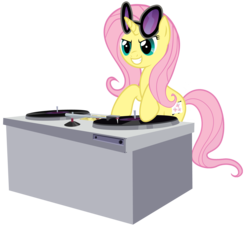 Size: 4134x3733 | Tagged: safe, artist:synch-anon, artist:twiforce, dj pon-3, fluttershy, vinyl scratch, pony, unicorn, g4, female, glasses, race swap, recolor, simple background, smiling, solo, transparent background, turntable, vector
