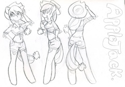 Size: 1086x762 | Tagged: safe, artist:dahliabee, applejack, earth pony, anthro, unguligrade anthro, g4, ass, butt, cute, female, hat, monochrome, reference sheet, sketch, solo