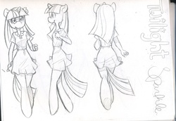 Size: 1125x774 | Tagged: safe, artist:dahliabee, twilight sparkle, unicorn, anthro, g4, clothes, cute, female, monochrome, reference sheet, sketch, socks, solo, thigh highs