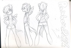 Size: 1128x764 | Tagged: safe, artist:dahliabee, rainbow dash, pegasus, anthro, g4, breasts, delicious flat chest, female, monochrome, reference sheet, sketch, solo