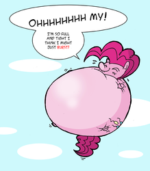 Size: 500x571 | Tagged: safe, artist:krampuskind, pinkie pie, earth pony, pony, g4, balloonie pie, dialogue, female, floating, happy, inflation, mare, near bursting, pinkie being pinkie, solo, spherical inflation