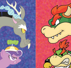 Size: 900x854 | Tagged: safe, artist:thetacticalpoptart, discord, screwball, g4, baby bowser, bowser, bowser jr, crossover, hat, male, mario, propeller hat, super mario bros., swirly eyes