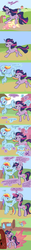 Size: 900x7200 | Tagged: safe, artist:otterlore, fluttershy, rainbow dash, twilight sparkle, g4, angry, comic, flying, glowing horn, horn, magic, ponyville, running, speech bubble, spiderponyrarity, teleportation, train