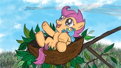 Size: 1280x720 | Tagged: dead source, safe, artist:eilemonty, rainbow dash, scootaloo, pegasus, pony, g4, duo, female, filly, flying, lying down, mare, nest, on back, open mouth, open smile, plushie, rainbow dash plushie, scootachicken, signature, smiling