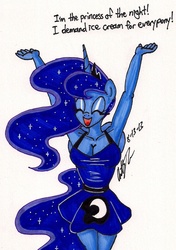 Size: 921x1309 | Tagged: safe, artist:newyorkx3, princess luna, anthro, g4, cleavage, clothes, dress, female, ice cream, solo, traditional art