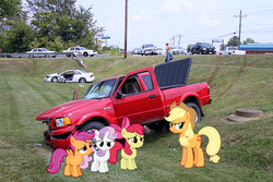 Size: 800x533 | Tagged: safe, artist:kartracer17, apple bloom, applejack, scootaloo, sweetie belle, g4, car, chevrolet trailblazer, crown victoria, cutie mark crusaders, dodge ram, ford, ford f-150, ford ranger, irl, photo, ponies in real life, truck, wreck