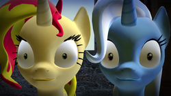 Size: 900x506 | Tagged: safe, artist:stormbadger, sunset shimmer, trixie, pony, unicorn, g4, 3d, gmod, stare, stare into your soul