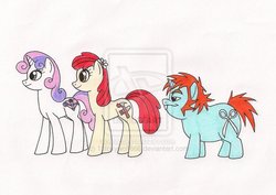 Size: 800x565 | Tagged: dead source, safe, artist:13foxywolf666, apple bloom, snips, sweetie belle, earth pony, pony, unicorn, g4, deviantart watermark, female, male, mare, obtrusive watermark, older, older apple bloom, older snips, older sweetie belle, shipping, sideburns, stallion, trio, watermark