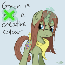 Size: 1024x1024 | Tagged: safe, artist:pexpy, oc, oc only, oc:lucidity, don't hug me i'm scared, green is not a creative color, solo