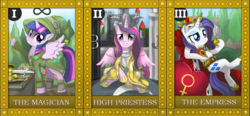 Size: 1033x480 | Tagged: safe, artist:stalinthestallion, princess cadance, princess platinum, rarity, twilight sparkle, alicorn, pony, g4, female, mare, tarot card, the emperor, the high priestess, the magician, twilight sparkle (alicorn)