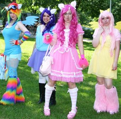 Size: 1418x1389 | Tagged: safe, artist:danaxxximmortal, artist:kyuproduction, fluttershy, pinkie pie, rainbow dash, rarity, human, g4, big bento, big bento 2013, cosplay, irl, irl human, leg warmers, photo