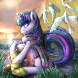 Size: 4000x4000 | Tagged: safe, artist:buttercupsaiyan, twilight sparkle, bird, g4, ball, beach, beach ball, female, painting, planet, sandals, solo, traditional art