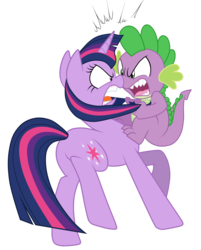 Size: 3584x4462 | Tagged: safe, artist:jennieoo, artist:mickeymonster, spike, twilight sparkle, dragon, pony, unicorn, g4, angry, argument, butt, duo, female, fight, high res, male, mare, plot, show accurate, simple background, spifight, transparent background, twibutt, unicorn twilight, yelling