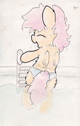 Size: 732x1149 | Tagged: safe, artist:slightlyshade, scootaloo, g4, bikini, butt, clothes, female, plot, solo, swimming, swimming pool, swimsuit, traditional art