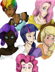 Size: 762x1000 | Tagged: safe, artist:yuripaws, applejack, fluttershy, pinkie pie, rainbow dash, rarity, twilight sparkle, human, g4, dark skin, humanized