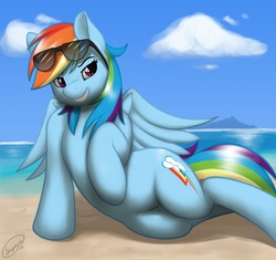 Size: 2500x2354 | Tagged: safe, artist:skipsy, rainbow dash, pegasus, pony, g4, beach, female, mare, outdoors, pose, smiling, solo, sultry pose, sunglasses