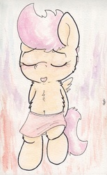 Size: 735x1196 | Tagged: safe, artist:slightlyshade, scootaloo, pony, g4, belly button, bipedal, clothes, female, skirt, skirtaloo, solo, traditional art