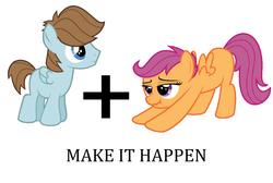 Size: 1986x1336 | Tagged: safe, chip mint, rain catcher, scootaloo, pegasus, pony, g4, colt, exploitable meme, filly, foal, make it happen, meme, scrunchy face, shipping, simple background, vector, white background