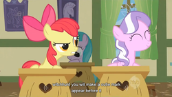 Size: 854x480 | Tagged: safe, screencap, apple bloom, earth pony, pony, g4, meme, youtube caption