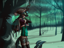 Size: 2094x1571 | Tagged: dead source, safe, artist:hardcrowmao, queen chrysalis, anthro, g4, female, forest, snow, snowfall, solo