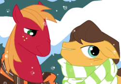 Size: 701x488 | Tagged: safe, artist:darkwingsnark, big macintosh, caramel, earth pony, pony, g4, blushing, clothes, gay, male, ms paint, scarf, ship:caramac, shipping, snow, snowfall, stallion