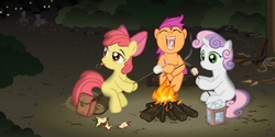 Size: 1200x600 | Tagged: safe, artist:alevgor, apple bloom, diamond tiara, scootaloo, silver spoon, sweetie belle, g4, campfire, crossbow, cutie mark crusaders, eating, fire, food, marshmallow, raspberry, saddle bag