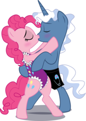Size: 3623x5048 | Tagged: safe, artist:benybing, pinkie pie, pokey pierce, earth pony, pony, g4, blushing, clothes, cutie mark on clothes, cutie mark swimsuit, female, frilled swimsuit, hug, kissing, male, mare, one-piece swimsuit, purple swimsuit, ship:pokeypie, shipping, simple background, stallion, straight, swimming trunks, swimsuit, transparent background