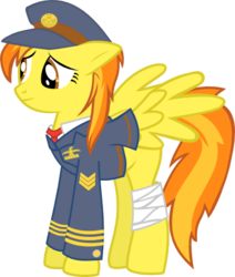 Size: 397x468 | Tagged: safe, artist:derpydutchy, spitfire, pegasus, pony, g4, bandage, clothes, female, injured, mare, simple background, solo, spread wings, transparent background, uniform, wings