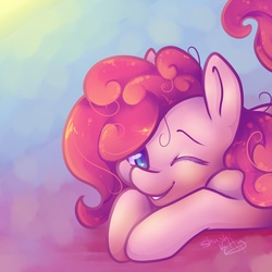 Size: 1000x1000 | Tagged: safe, artist:shushikitty, pinkie pie, g4, beautiful, colored pupils, cute, diapinkes, female, gradient background, one eye closed, prone, smiling, solo, wink