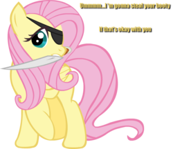 Size: 580x500 | Tagged: safe, artist:somekindahatebreeder, fluttershy, g4, eyepatch, female, mouth hold, pirate, solo, sword, text