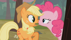 Size: 1280x720 | Tagged: safe, screencap, applejack, pinkie pie, pony, g4, the last roundup, boop, imminent kissing, nose wrinkle, noseboop, out of context