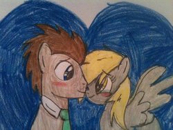 Size: 1024x768 | Tagged: safe, artist:tybeaniebabyalvin, derpy hooves, doctor whooves, time turner, pegasus, pony, g4, blushing, female, male, mare, ship:doctorderpy, shipping, straight, traditional art