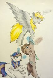 Size: 655x960 | Tagged: safe, artist:nyxraven13, derpy hooves, doctor whooves, time turner, oc, pony, unicorn, g4, magic, telekinesis, tongue out, traditional art