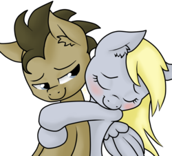 Size: 1000x904 | Tagged: safe, artist:doomcakes, artist:joey darkmeat, derpy hooves, doctor whooves, time turner, pegasus, pony, g4, blushing, cute, female, happy, hug, male, mare, ship:doctorderpy, shipping, simple background, straight, trace, transparent background