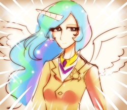 Size: 800x693 | Tagged: safe, artist:araraginatsuki, princess celestia, principal celestia, human, g4, cutie mark accessory, female, horn, horned humanization, human coloration, humanized, leiji matsumoto, leiji matsumoto style, pixiv, solo, style emulation