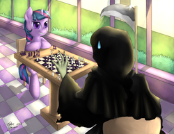 Size: 1650x1275 | Tagged: safe, artist:katurkeyg, twilight sparkle, g4, chess, chessboard incorrectly oriented, crossover, grim reaper, grin, smirk, the seventh seal