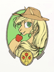 Size: 600x801 | Tagged: safe, artist:fillyphalanx, applejack, earth pony, pony, g4, apple, bust, cowboy hat, female, frame, hat, looking at you, mare, mouth hold, obligatory apple, portrait, solo