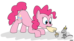 Size: 1693x952 | Tagged: safe, artist:rapidstrike, pinkie pie, mouse, g4, cooking, cupcake, food, micro, mouth hold, size difference