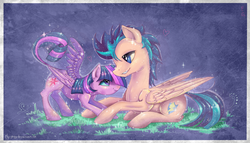 Size: 7000x4000 | Tagged: safe, artist:fly-gray, flash sentry, twilight sparkle, alicorn, pony, g4, eye contact, female, grin, male, mare, ship:flashlight, shipping, smiling, sparkles, straight, twilight sparkle (alicorn)