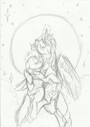 Size: 1545x2164 | Tagged: dead source, safe, artist:enigmaticfrustration, princess luna, spitfire, alicorn, pegasus, pony, g4, female, flying, lesbian, magic, monochrome, moon, shipping, sketch, stars, traditional art