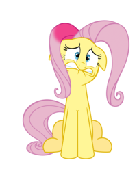 Size: 3200x4000 | Tagged: safe, artist:synch-anon, artist:twiforce, fluttershy, pinkie pie, pony, g4, andrea libman, character to character, floppy ears, high res, lip bite, pony to pony, recolor, simple background, sitting, solo, transformation, transparent background, vector, voice actor joke
