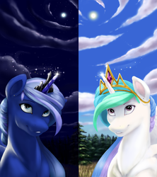 Size: 3199x3600 | Tagged: dead source, safe, artist:anoldmate, princess celestia, princess luna, g4, contrast, high res, smiling